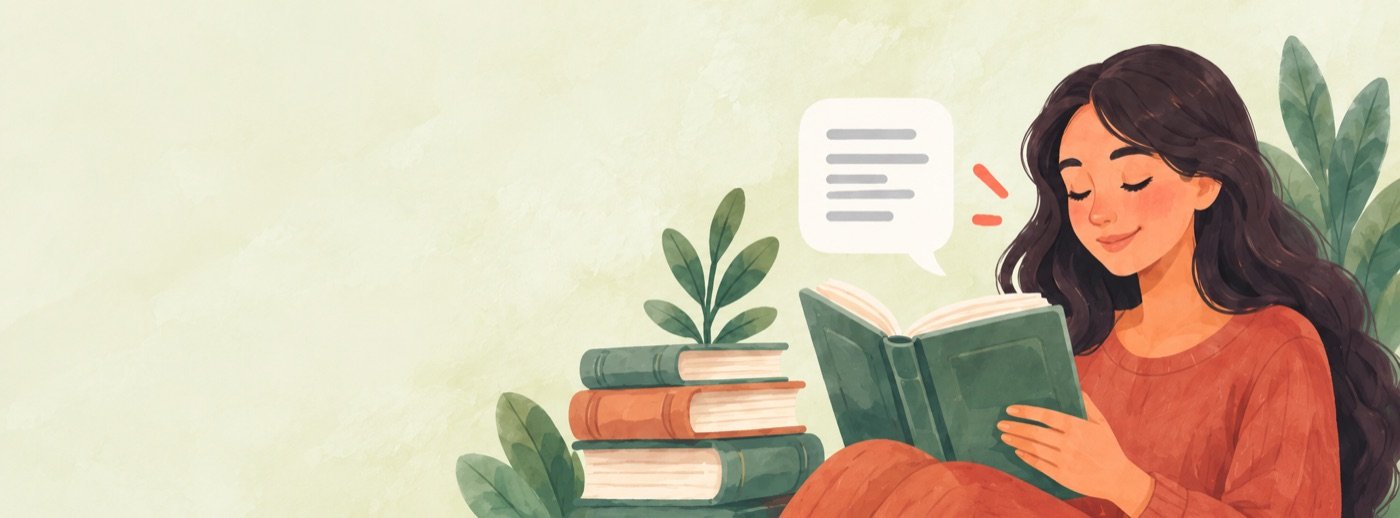 Uma mulher lendo um livro ao lado de uma pequena pilha de livros e plantas com folhas.