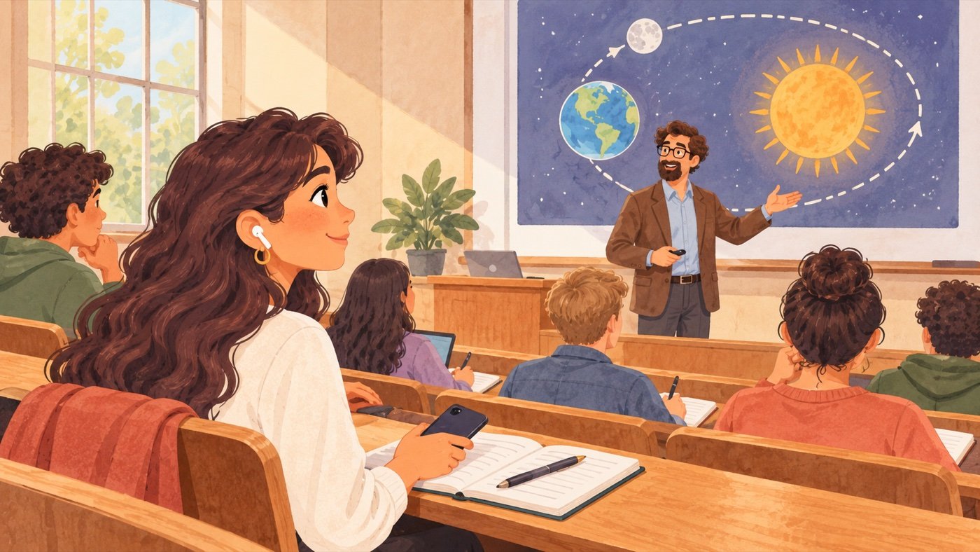 Um estudante ilustrado com um fone de ouvido escutando um professor em um auditório universitário.