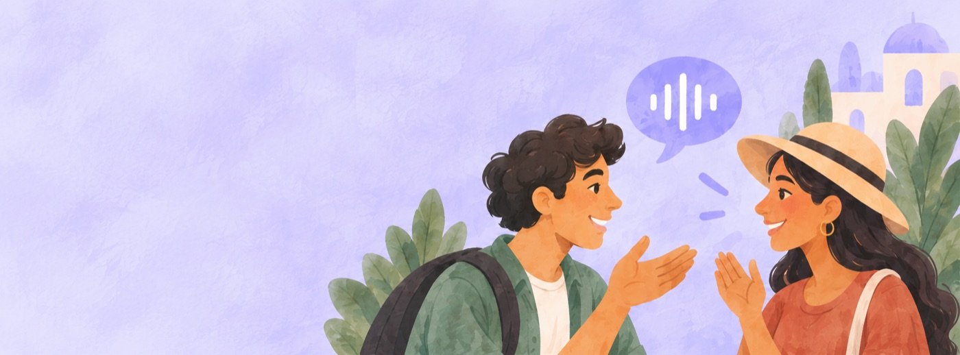 Dois viajantes conversando em uma cidade ensolarada.