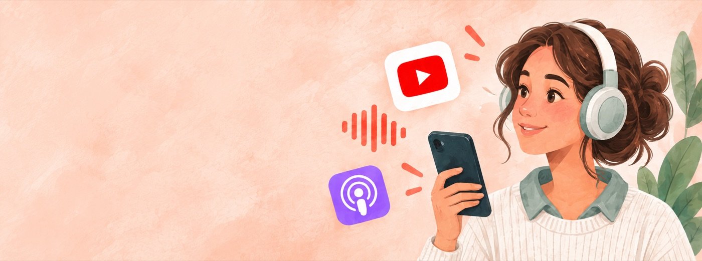 Uma mulher de fones de ouvido aproveitando vídeos e áudios em seu telefone.