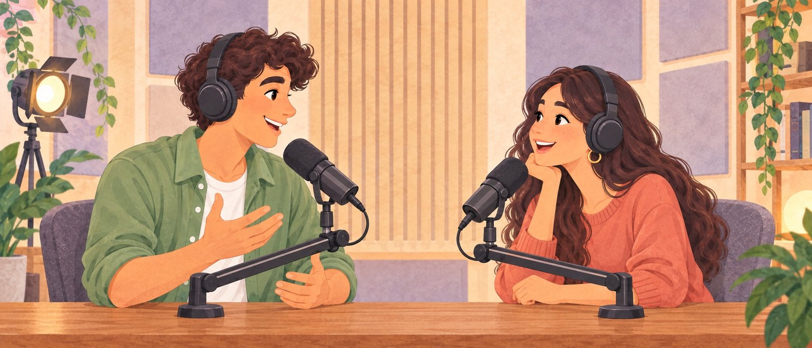 Dois convidados de podcast ilustrados usando fones de ouvido, conversando em microfones em um estúdio de gravação acolhedor.